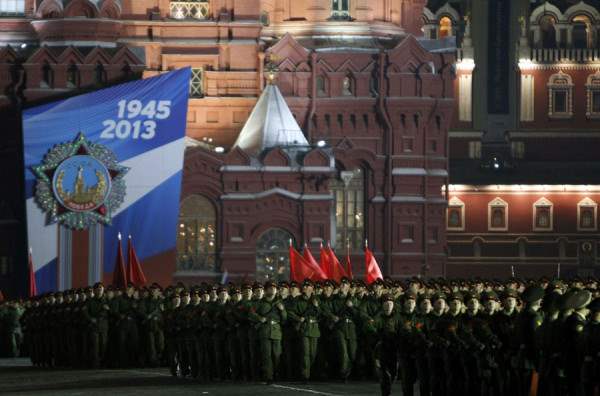 Servicemen march during a rehearsal for the Victory Day military parade in Red Square in Moscow