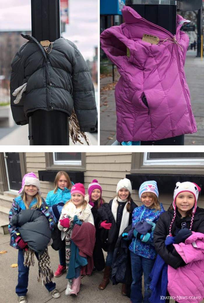 Эти дети развешивают теплую одежду на столбах для бездомных, чтобы они не замерзли